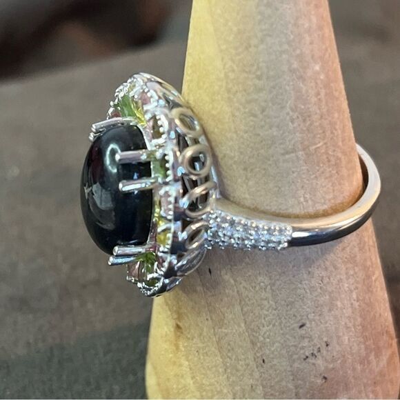 Black & Multi Color Tourmaline Natural Zircon Halo Platinum Sterling Silver Ring - Picture 6 of 13